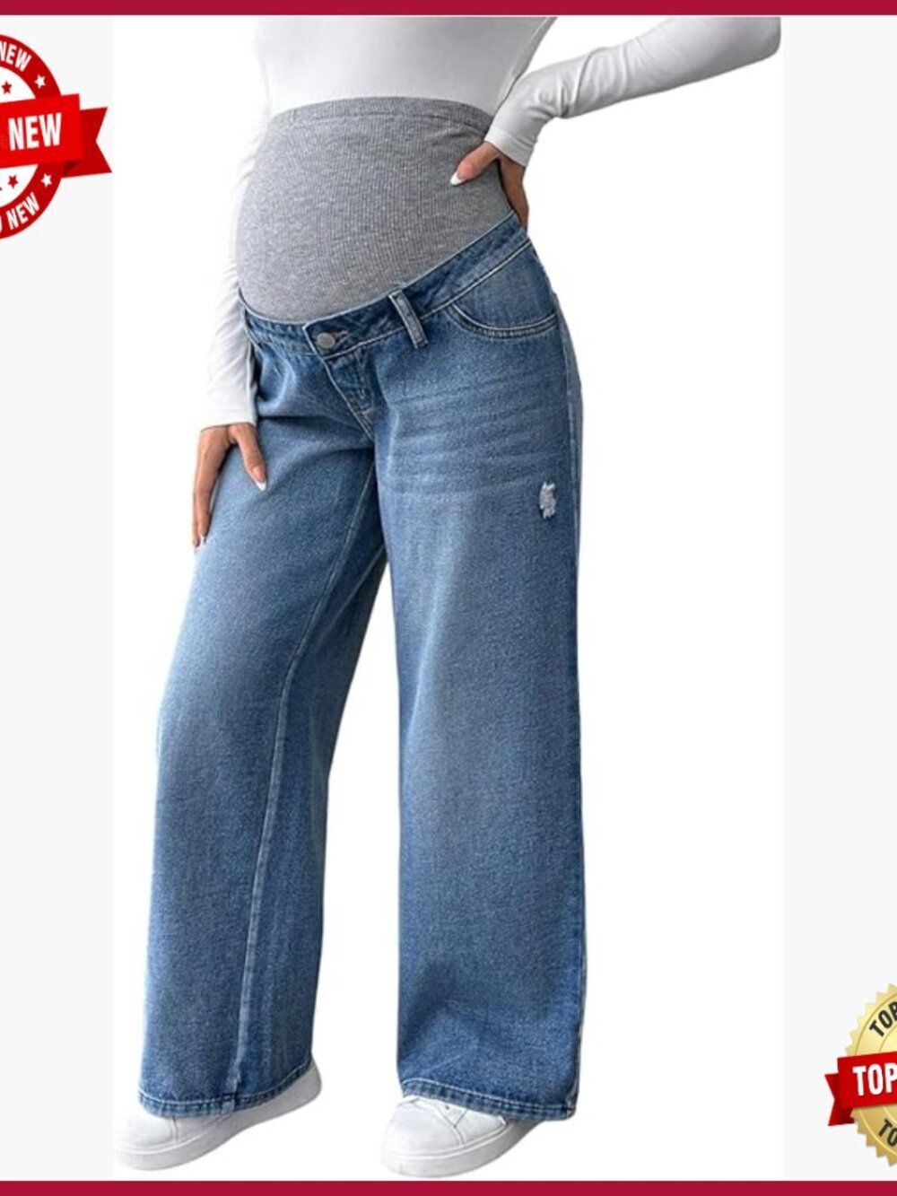 Maternity Straight Leg Denim Jeans Rib Knit Pregnancy Pants
